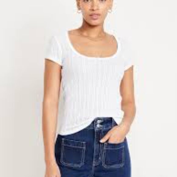 Old Navy Tops - Old Navy White Lace-Trim Ribbed Pointelle T-Shirt/NWT/L